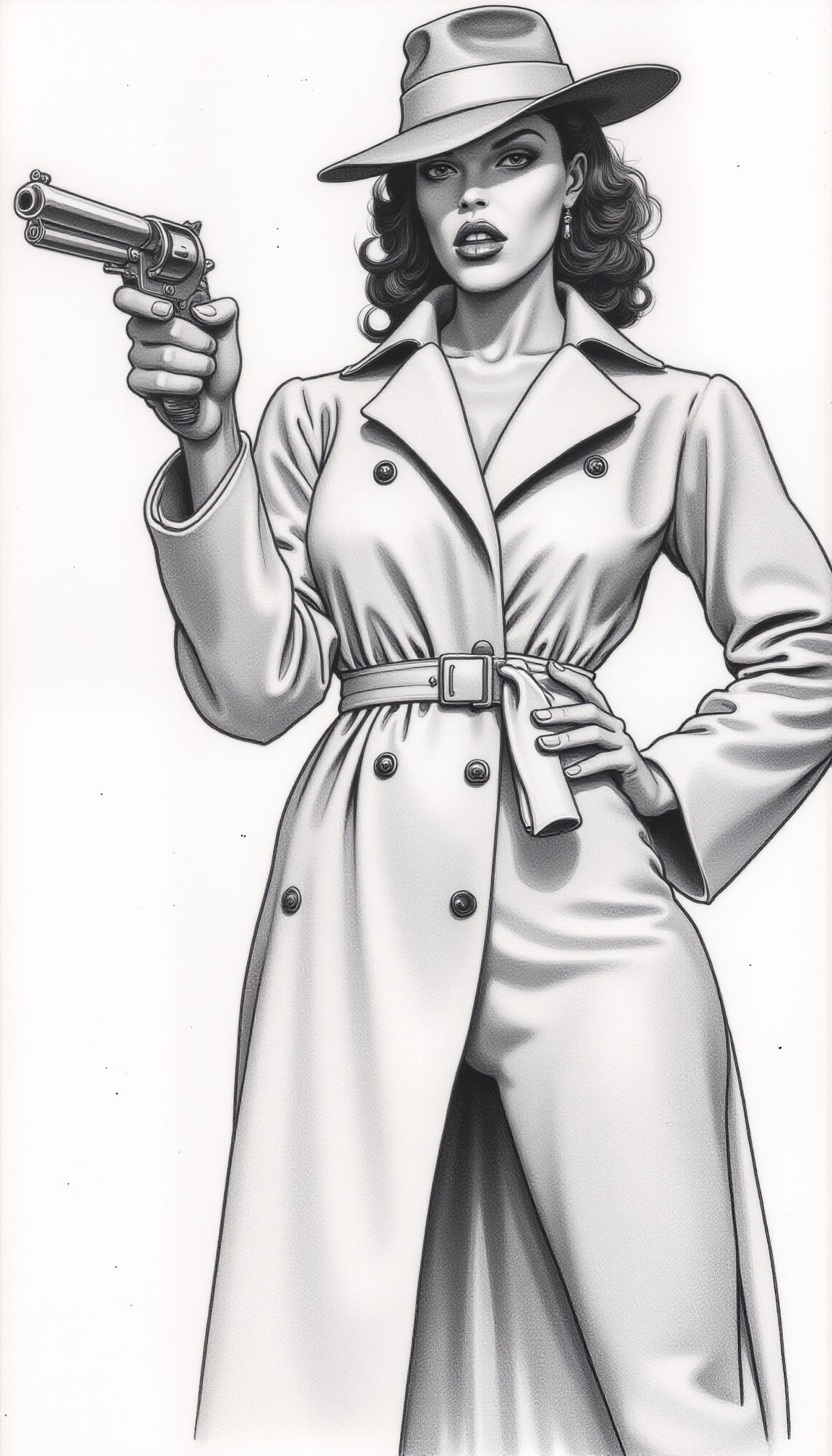 The image is a detailed pencil drawing of a woman in a dramatic, action-oriented scene. She is depicted from the waist up, standing and aiming a revolver at the viewer with her right hand. Her left hand is positioned on her hip, adding emphasis to the dynamic pose. The woman is wearing a trench coat, which is cinched at the waist with a belt, and a wide-brimmed fedora hat, typical of a 1940s film noir style. <lora:m4n4r4 v2 by Devildonia:1> m4n4r4