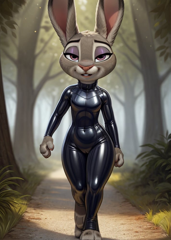 RAW, 8k, realistic, photorealistic, masterpiece, best quality, forest trail, winding path, sunlight filtering through trees, nature walk,   strolling for a nature walk, ((judy hopps)), ((skintight black latex suit)), seductive, eyeshadow, intricate, highly detailed, beautiful, greg rutkowski, pretty face, hips, small breasts, bunny tail, detailed skin, pink paw pads, detailed fur, looking at viewer, smooth, intricate detail, gorgeous female photo, professionally retouched, realistic professionally color graded photograph, natural lighting, realistic, light particles, bokeh, ((feet in frame)), by Pino Daeni, by Ruan Jia, by Shiitakemeshi, by Alayna Lemmer, by Carlo Galli Bibiena,nsfw, Ultra realistic, masterpiece, highest quality, <lora:Character-Furry-judyhopps:1> <lora:add_detail:0.7>, <lora:Style-Rustle:0.3>,<lora:Style-pixar:0.4>, <lora:skidoo-000015(cub):0.35>, <lora:possum_machine2:0.4>, <lora:m99_labiaplasty_pussy_2:0.125>, <lora:InniePussy1 v3:0.125>, <lora:SummerSmith(RM):0.35>, <lora:rick_and_morty_characters:0.15>, <lora:FantasyTavern-10:0.35>, <lora:polyhedron_skinny_all-fp32-fp16-no-ema:0.25>