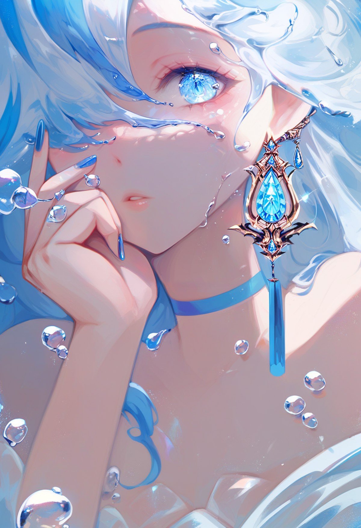 score_9, score_8_up, score_7_up, score_6_up, <lora:OH4XL_P6_lokr_V4312:0.95> 1girl, furina \(genshin impact\), solo, blue eyes, blue hair, blue nails, jewelry, looking at viewer, long hair, choker, nail polish, earrings, blue gemstone, gem, white hair, multicolored hair, parted lips, hand on own face, hair between eyes, bubble, blue choker, hair over one eye, light blue hair, fingernails, water, liquid hair, portrait, streaked hair, upper body, water drop, blue theme, hand on own cheek