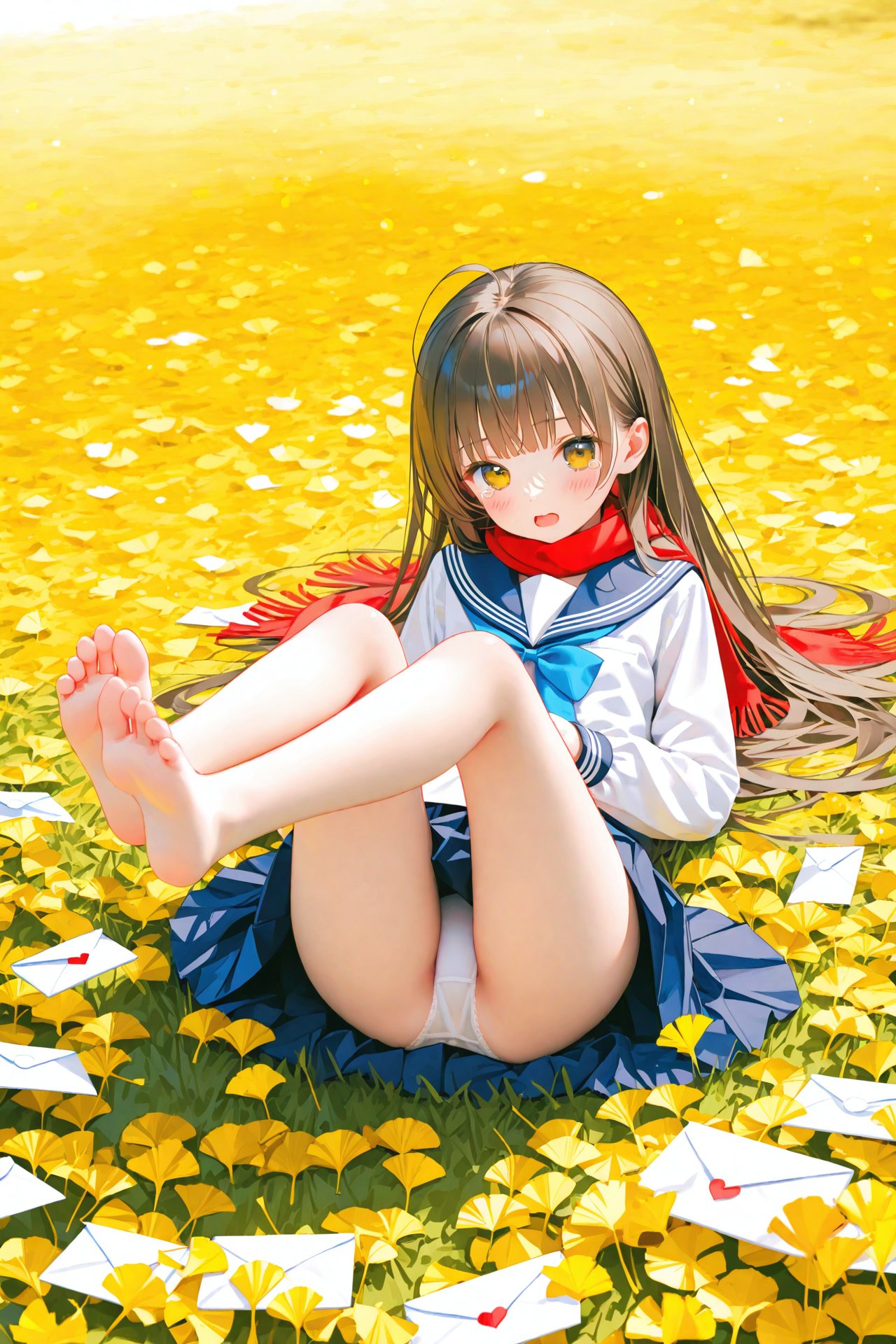 masterpiece,best quality,illustration,ultra detailed,hdr,Depth of field,(colorful),[iumu],[Artist chen bin],nai3 Style,1girl,scarf,skirt,soles,barefoot,solo,school uniform,feet,toes,underwear,panties,white panties,red scarf,brown eyes,sailor collar,looking at viewer,lying,pleated skirt,serafuku,long hair,blush,long sleeves,on back,white shirt,blue skirt,shirt,brown hair,blue bow,bow,fringe trim,autumn leaves,leaf,ahoge,envelope,bowtie,blue bowtie,bare legs,blue sailor collar,open mouth,ginkgo leaf,full body,autumn,love letter,legs up,tears,legs,