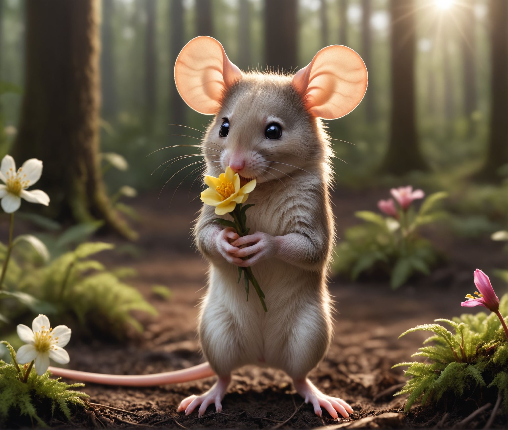 nature shot photo  a mouse is holding a flower, forrest ground, natural light <lora:Furry Enhancer 6.1:0.8>
