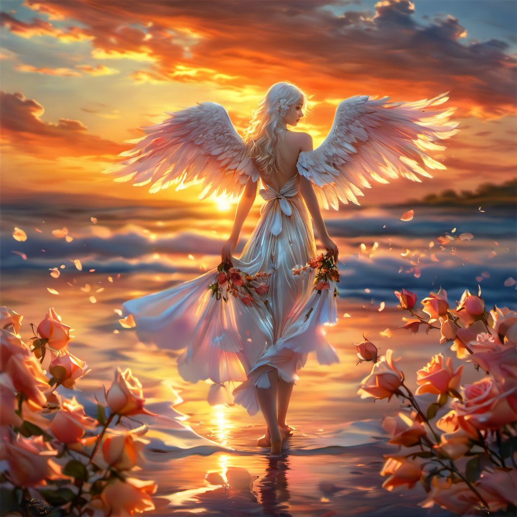 white wings,1girl,flower,sunset,solo,wings,dress,barefoot,water,long hair,wading,cloud,white hair,angel wings,petals,rose,sun,backlighting,looking back,sky,feathered wings,from behind,bare shoulders,angel,white dress,skirt hold,back,lips,<lora:xltk:0.7>,