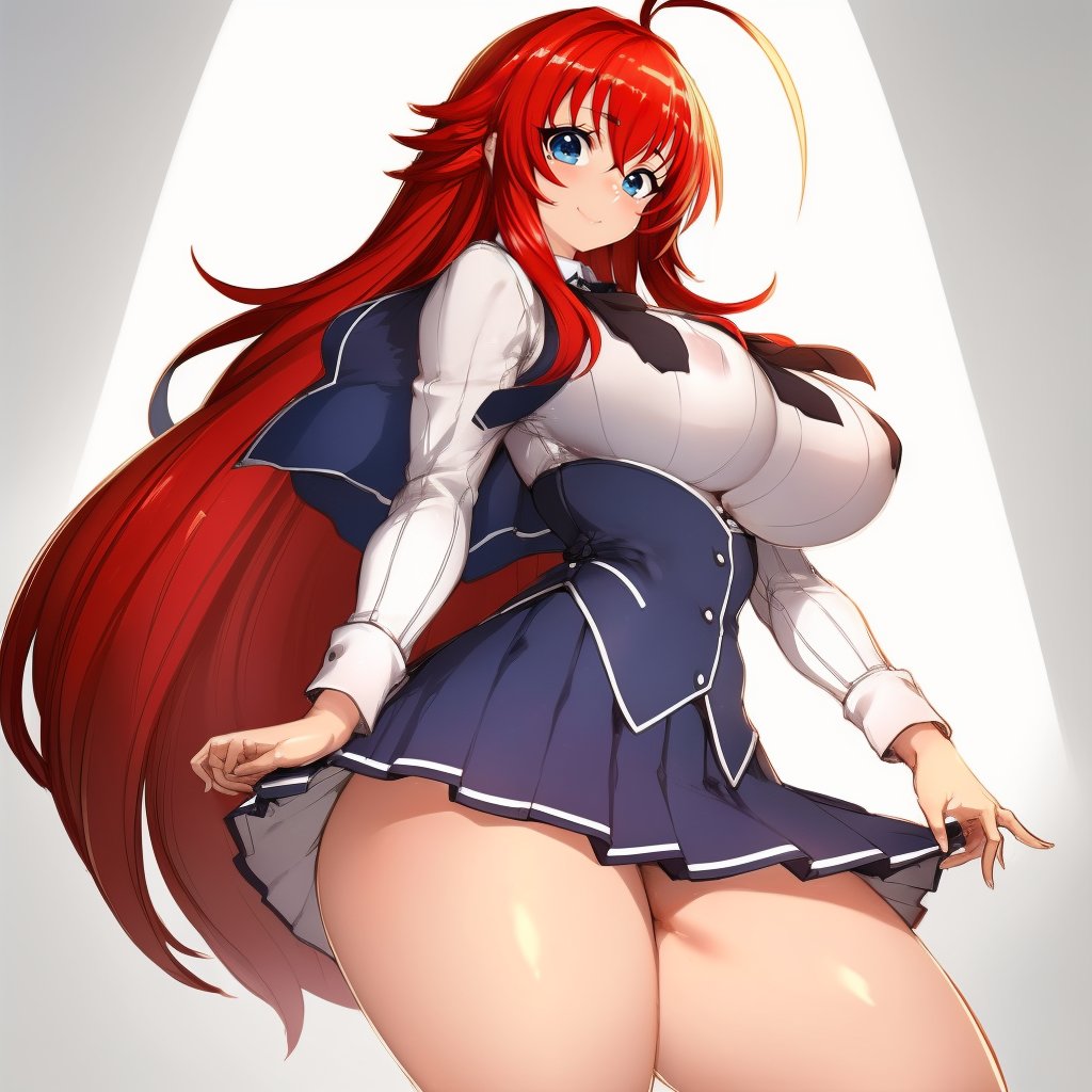 (masterpiece, best quality:1.3), Fumio, 1girl, solo, looking at viewer, wide hips, mature female, closed mouth, seductive smile, large breasts, cowboy shot, thick thighs,  <lora:Fumio Style Lora:1>, rias gremory, long hair, school uniform, red hair, ahoge, blue eyes, very long hair, skirt, huge ahoge, socks,<lora:doumyouji_cocoa_v2:.8>