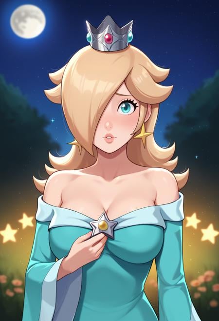 score_9, score_8_up, score_7_up, BREAK, rosalina, mature female, dress, sparkle, glowing, star \(sky\), night, night sky, portrait, depth of field, light particles, crown, breasts, looking at viewer, shy, holding, moon, outdoors, 