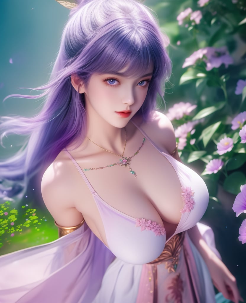 <lora:斗罗大陆-唐舞桐-海神缘:0.8> (,1girl, ,best quality, ),looking at viewer,  ,ultra detailed 8k cg,ultra detailed background,ultra realistic 8k cg,1girl, solo,(bare shoulders:0.85),(masterpiece, best quality),((oil painting style)),sexy young lady,(beautiful face and eyes),(upper body:1.5),(whole body:1.05),(single person:1.2),surrounded by flowers, (lily), roses, floret, vegetation, white, purple, purplish pink,Impressionism,colorful,(Breast size:1.3),(cleavage),