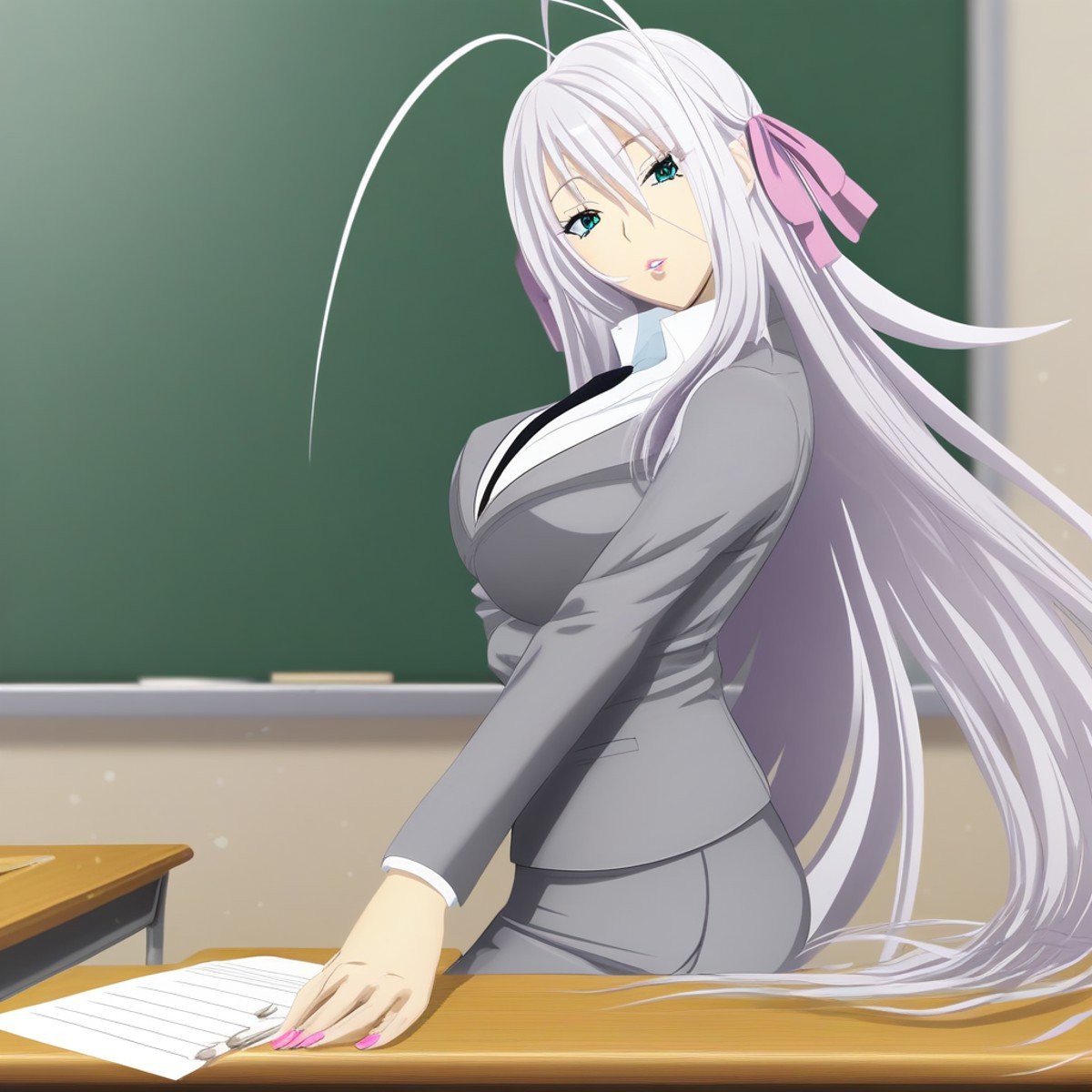 Masterpiece, best quality, high quality, highres, 4k, detailed face, Expressiveh, rossweisse, silver hair, long hair, antenna hair, aqua eyes, pink ribbons, an large breast, parted lips, shiny lips, lipgloss, gyaru, bmbplora, long eyelashes, teacher, grey suit, classroom, cowboy shot, from side, sitting on desk, solo,