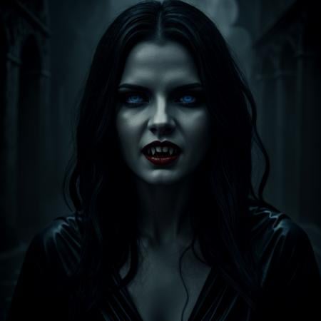 Dark Fantasy Art of  <lora:vampire fangs teeth v2 SD1.5:1.2>  Vampire Fangs TeethFemale Vampire a wet woman with blue eyes is screaming with Vampire Fangs Teeth at night in rain while staring at camera, dark, moody, dark fantasy style