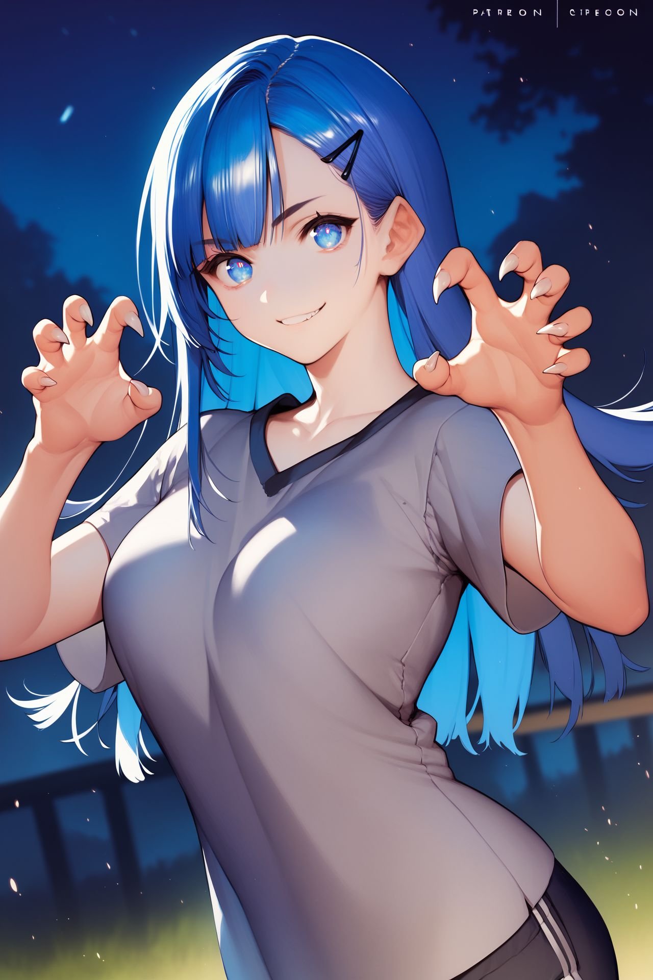 score_9, score_8_up, score_7_up, 1girl, looking at viewer, claw pose, smug, blue hair, asymmetrical fringe, long hair, detailed eyes, breasts, dark grey clothes, night, outdoors, fisheye <lora:necomi_PonyXL_style_v02:1>