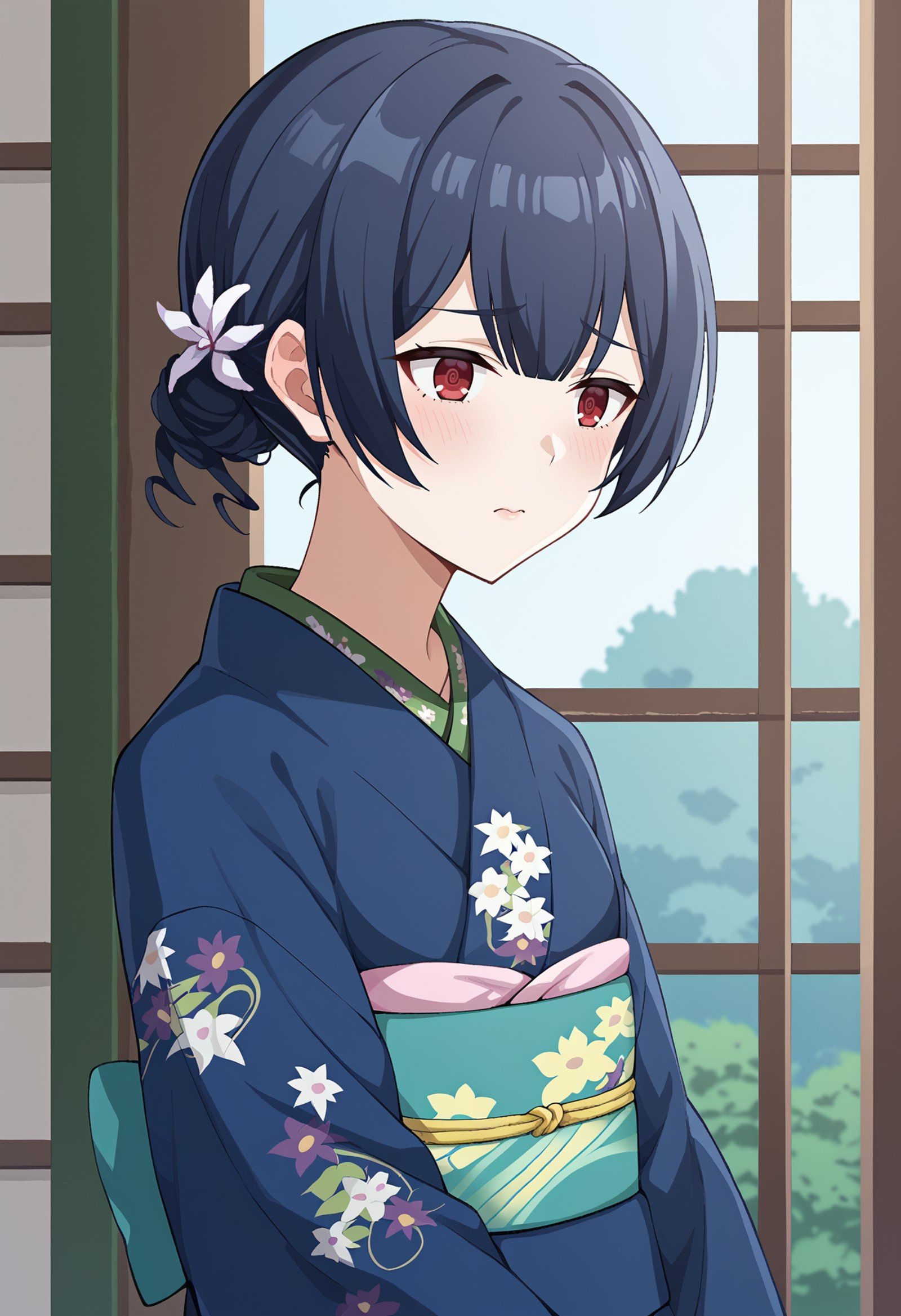 score_9, score_8_up, score_7_up, BREAK source_anime, 1girl, morino rinze, dark blue hair, single hair bun, hair flower, red eyes, blue kimono, floral print, disappointed, upper body, summer <lora:hskc-rinze-pony-v0.5-000009:1>