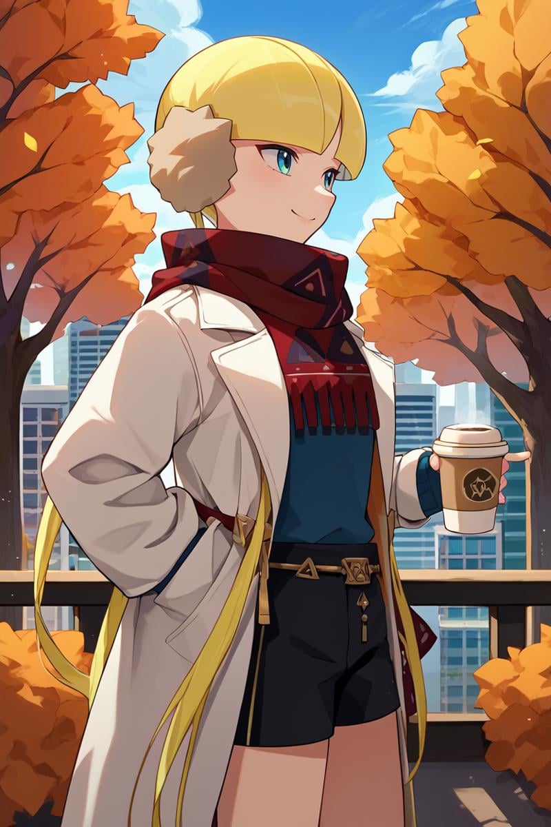 score_9, score_8_up, score_7_up, score_6_up, source_anime, BREAK 1girl, <lora:pkmnelesa-pdxl-nvwls-v1-000005:1> palEle, blonde hair, earmuffs, twintails, red scarf, white coat, blue shirt, black shorts, holding coffee, city, from side, smile, autumn, trees