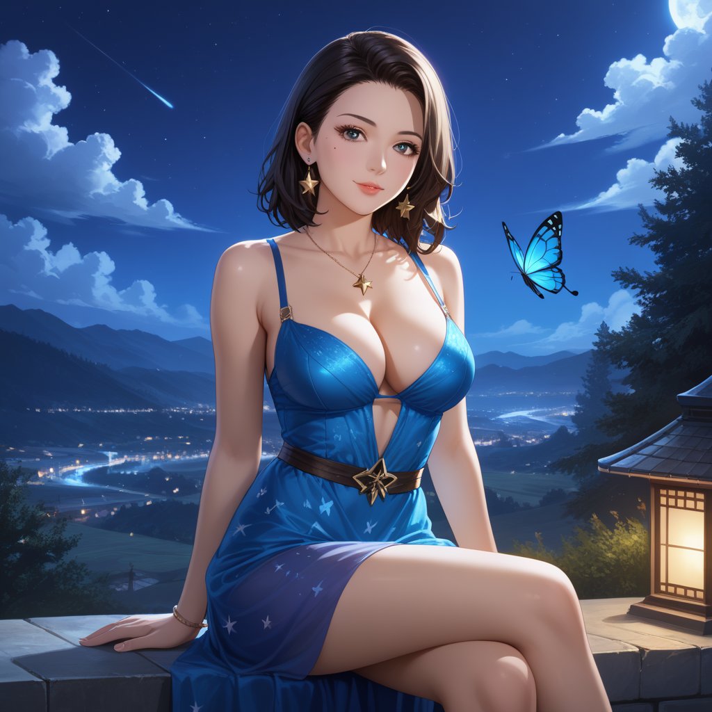 (,1girl, ,best quality, ),,  ,ultra realistic 8k cg, ,masterpiece, (( , )),,  fiction,mole, , ,      ,, 1girl,butterfly sitting,  night, star_\(sky\)(cleavage),,