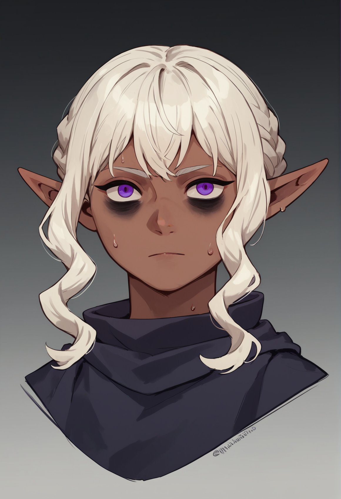 (score_9), score_8_up, score_7_up, score_6_up, zPDXL, thistle \(dungeon meshi\), white hair, pointy ears, dark skin, purple eyes, bangs, braid, black poncho, upper body, looking at viewer, expressionless, bags under eyes, sweat, dark background, gradient background, <lora:Thistle_DM_XL_Pony:1>