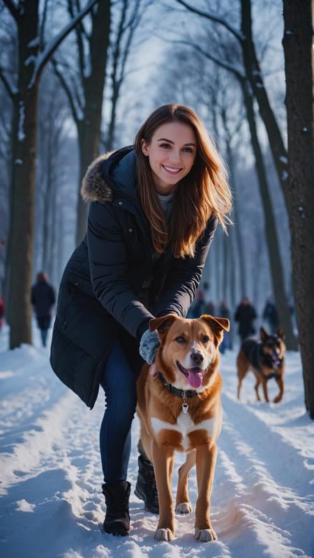 photo of agirl play with dog in forest city park, (a crowd peoples in park:1.4), alley, winter, snow, (add more details: 0.75), dark noir, (realistic:1.4), (fractal:1.2), colorful, sharp focus, masterpiece, high quality, shallow depth of field detailed background, (add more details:1.4). The lighting should be warm and inviting, casting a gentle glow and highlighting the rich colors of its flesh. The background should feature a blurred, out-of-focus to emphasize as the main focus of the image. Use a high-resolution camera with a fast shutter speed to capture every detail and its surroundings., <lora:add-detail-xl:1>