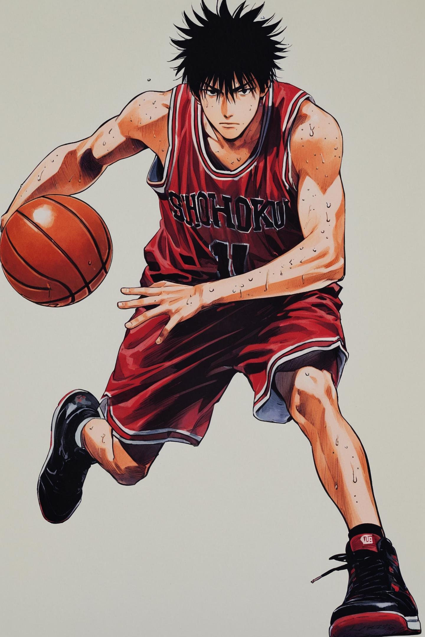 Rukawa Kaede,red basketball uniform,1boy,basketball,male focus,solo,sportswear,black hair,shoes,shorts,white background,full body,simple background,sneakers,sweat,holding,sleeveless,black footwear,red shorts,spiked hair,shirt,closed mouth,traditional media,sleeveless shirt,hair between eyes,bangs,black eyes,looking at viewer,serious,ball,holding ball,clothes writing,<lora:Inoue Takehiko_XL:0.8>,