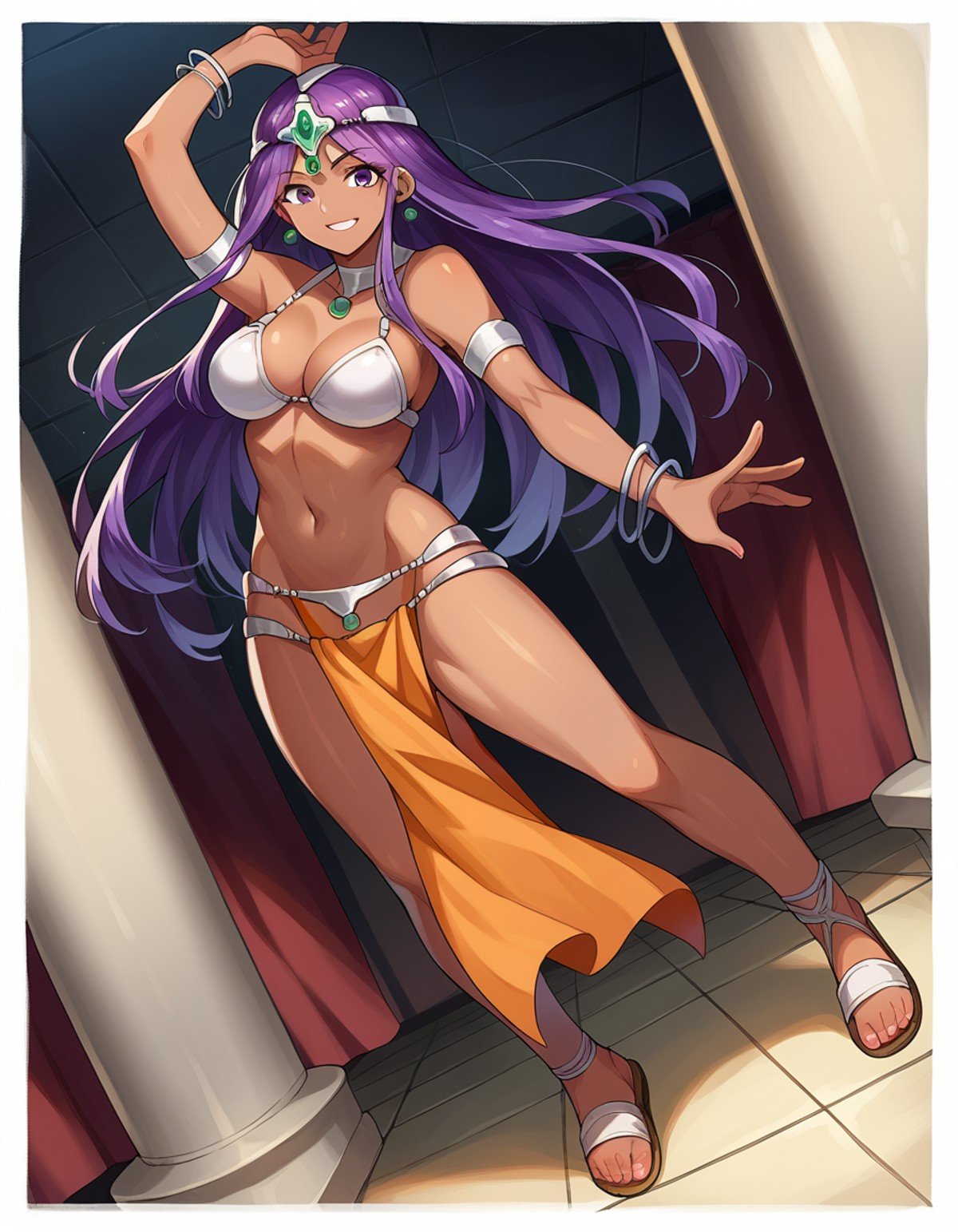 score_9, score_8_up, score_7_up, source_anime,dqmanya, <lora:dq-manya-ponyxl-lora-nochekaiser:1>,manya, dark skin, dark-skinned female, long hair, purple eyes, purple hair, smile,bikini, bikini top only, bracelet, circlet, jewelry, loincloth, pelvic curtain, sandals, swimsuit,indoors, dancing,looking at viewer, dutch angle, cowboy shot,