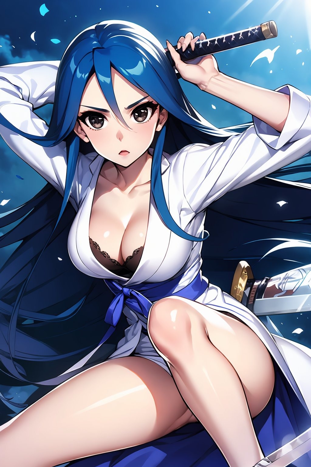 HDR,UHD,best quality,Highly detailed,masterpiece,Professional,black eyes,cangyue,1girl,solo,long hair,breasts,looking at viewer,cleavage,very long hair,blue hair,weapon,sword,katana,<lora:cangyue(meinahentai_v4):0.9>,