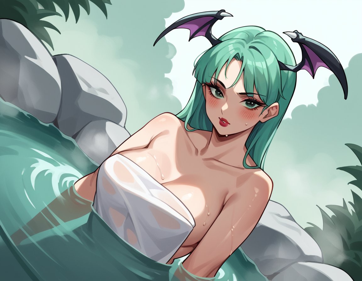 score_9, score_8_up, score_7_up, source_anime, morriganaensland, <lora:morrigan-aensland-ponyxl-lora-nochekaiser:1>, morrigan aensland, green eyes, green hair, head wings, lipstick, long hair, makeup, pale skin,, nude, naked, outdoors, onsen, towel, naked towel, steam, bathing, nude cover, partially submerged, water, bath, steam censor, wet towel, blush, looking at viewer, solo, cowboy shot, dutch angle