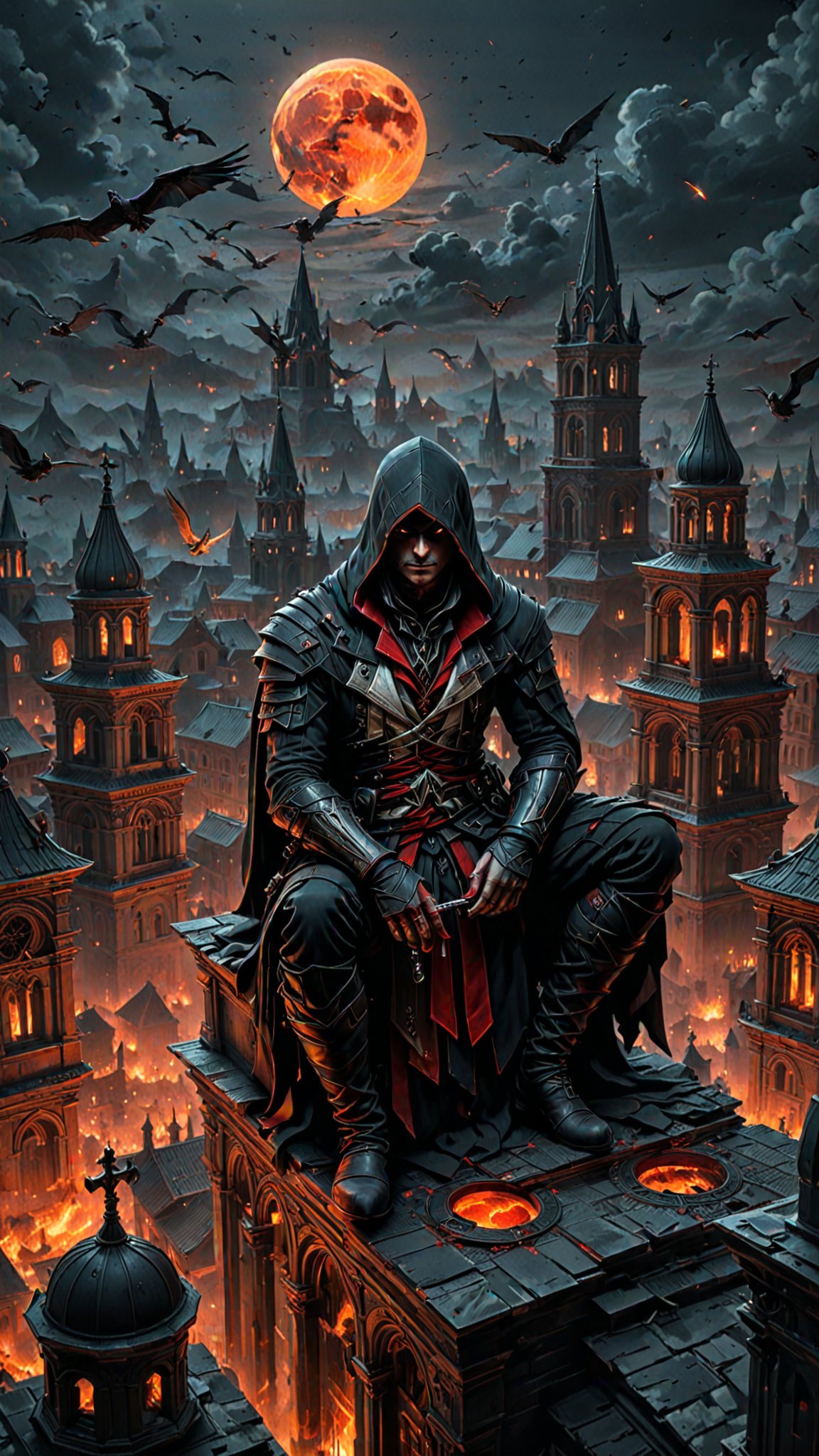 (Horde of Assassins Creed), polarized, at night, Sitting on the roof of ancient Church, looking down on to the burning city, Red Moon, filled with forbidden knowledge, where scholars and sorcerers search for lost spells among the dusty tomes. Ghostly guardians patrol the aisles, ready to protect the secrets within, dark magic and grotesque creatures abound, punk aesthetic, dark fantasy world combines grim landscapes with vibrant, Deep colorful art, heroes skirmish monstrous foes in a setting where rebellion, decay, and mysticism intertwine, crafting a unique, immersive vibe, hyper detailed, professional poster art, bold lines, award winning, trending on ArtStation , (intricate details, masterpiece, best quality), dynamic pose, (Use Dream Diffusion Secret Prompt), <lora:3D_Framed_Wall_Art_-_By_DICE:1>, (Framed 3D), UHD