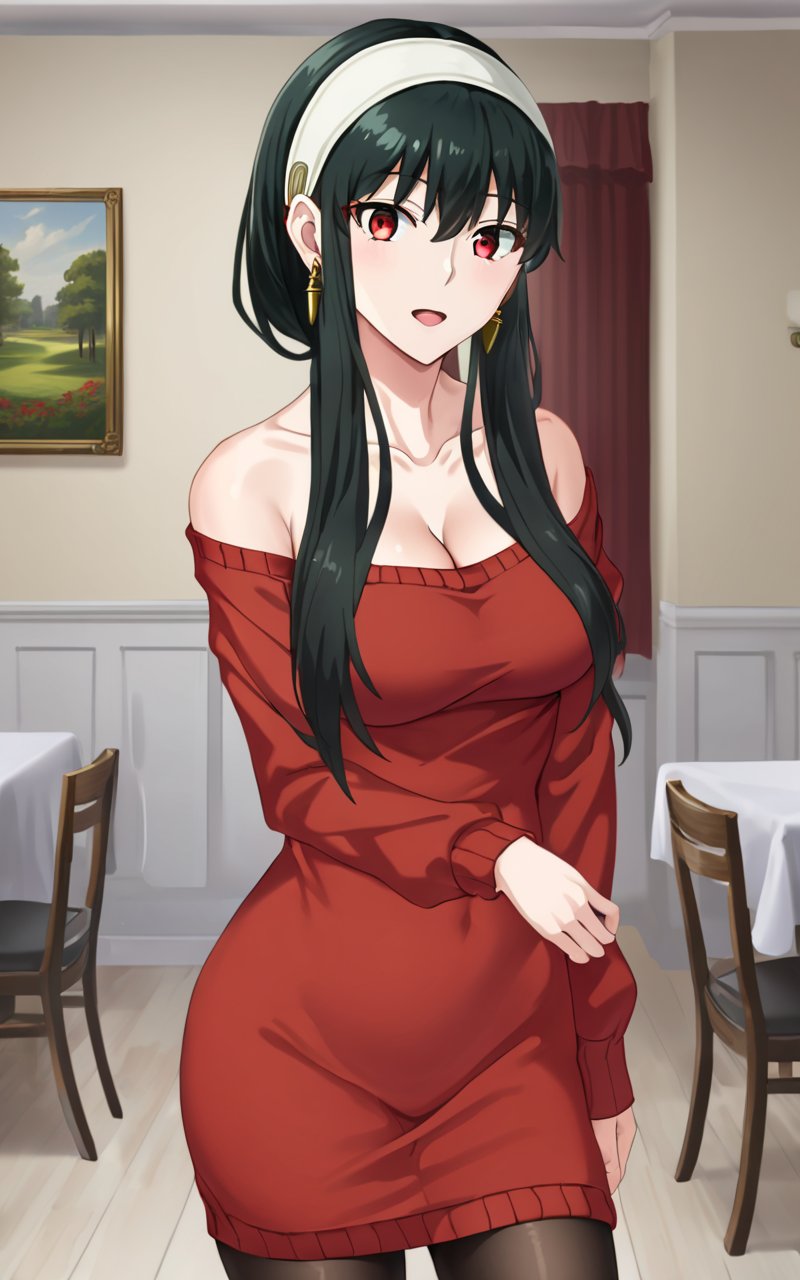 1girl, <lora:sdxl-sf-yor_briar:0.9>, yor briar, yor forgfer, long hair , long length red sweater_dress, off shoulder, long sleeves collarbone cleavage, dining room, black pantyhose, white hairband , black hair sideburns, (slanted eyes) red eyes, medium breasts, shiny hair, bangs, gold earrings, long locks, hair between eyes, skindentation wavy mouth 