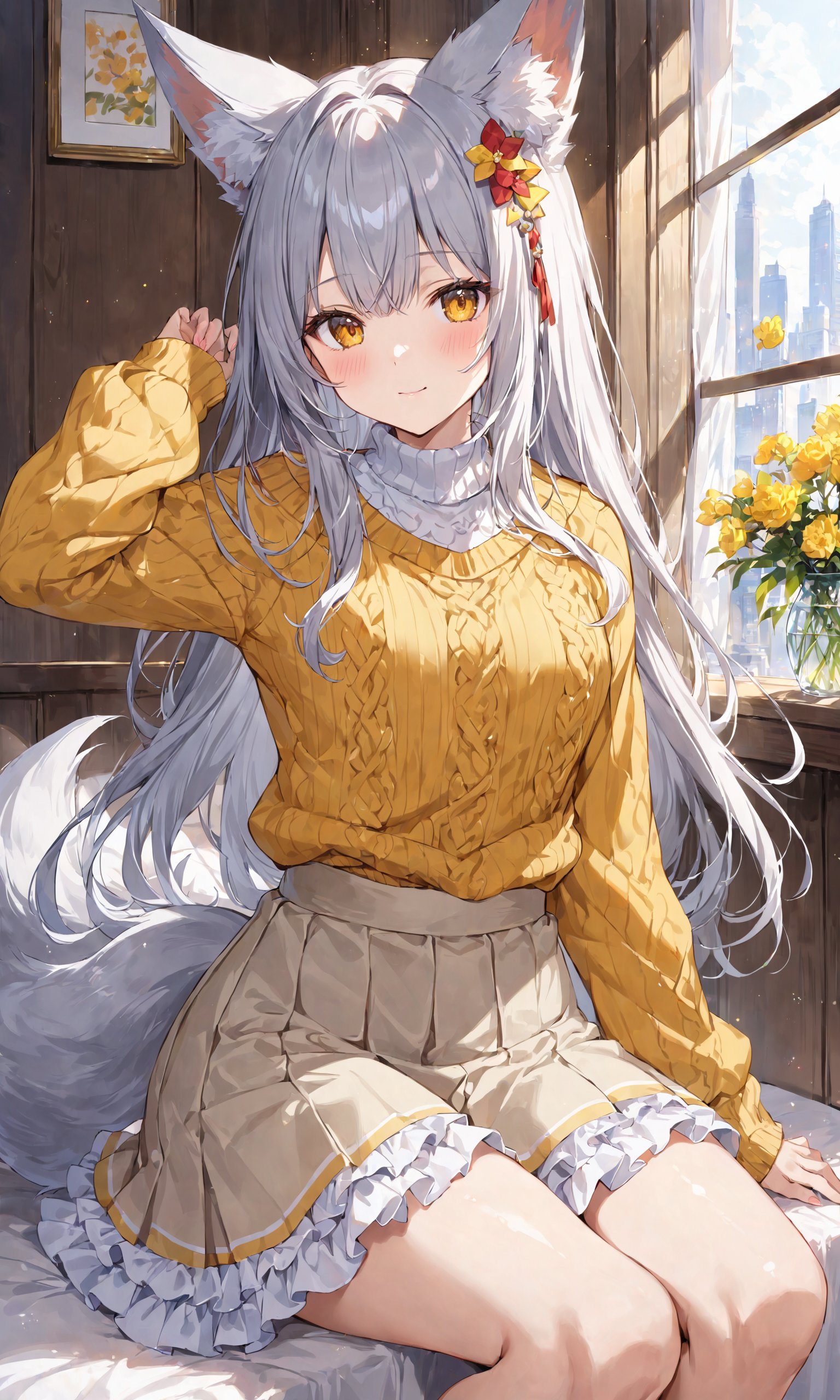 1girl, solo, long hair, looking at viewer, blush, bangs, skirt, hair ornament, long sleeves, animal ears, brown eyes, sitting, closed mouth, tail, yellow eyes, white hair, grey hair, frills, indoors, sweater, animal ear fluff, sleeves past wrists, fox ears, fox tail, white skirt, frilled skirt, fox girl, yellow sweater, masterpiece, best quality, score_9, score_8_up, score_7_up, ultra-detailed,