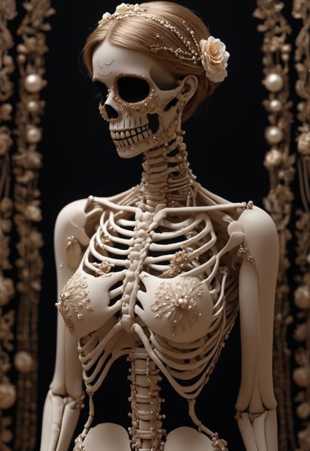 female model in beautiful anatomical embroidery of skeleton torso, fashion concept, highly detailed, depth of field, pearls and swarovski crystals, elegant