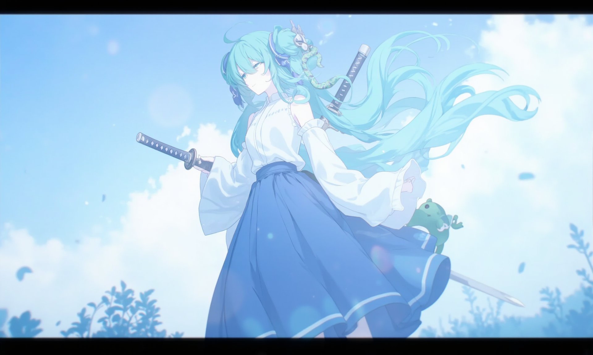 1girl,    katana, sleeveless, holding, cloud, long hair, detached sleeves, snake, hair ornament, sky, white dress, hair tubes, green hair, collared dress, frog hair ornament, bare shoulders, blue skirt, green eyes, dress, closed mouth, outdoors, from below, long skirt, sheathed, weapon, white shirt, smile, single sidelock, shirt, feet out of frame, solo, long sleeves, letterboxed, standing, floating hair, snake hair ornament, hair stick, very long hair, weapon on back, long dress, white sleeves, day, lens flare, sleeveless shirt, sheath, wide sleeves, holding sheath, sword on back, plant, v arms, skirt, sword <lora:BastylrV2:0.5> <lora:Yajiang:0.7>