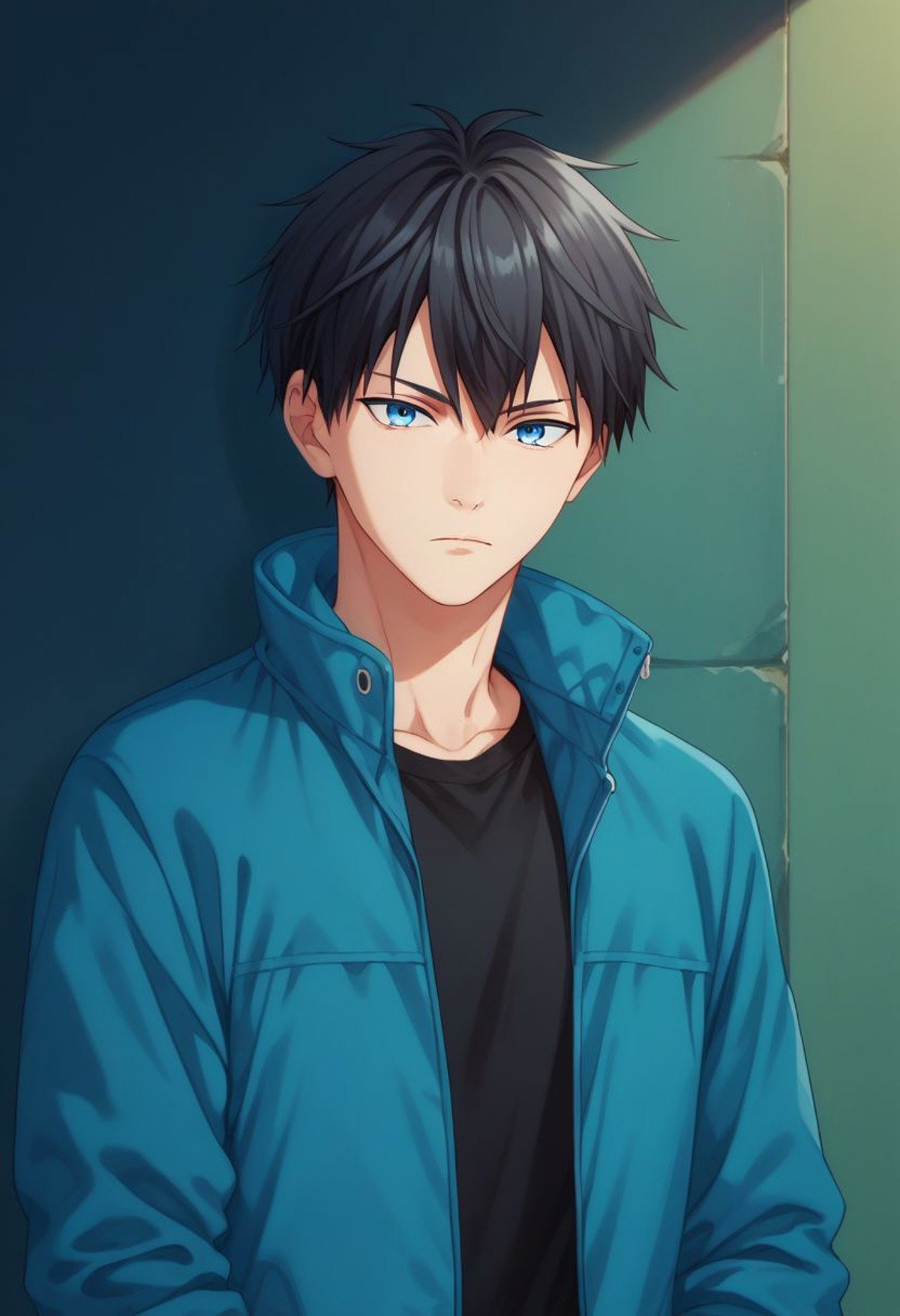 score_9, score_8_up, score_7_up, source_anime, highly detailed, skinny, short neck,ueno, 1boy, male focus, solo, black hair, blue eyes, jacket, black shirt, looking at viewer, shirt, upper body, blue jacket, hood, closed mouth,indoor,