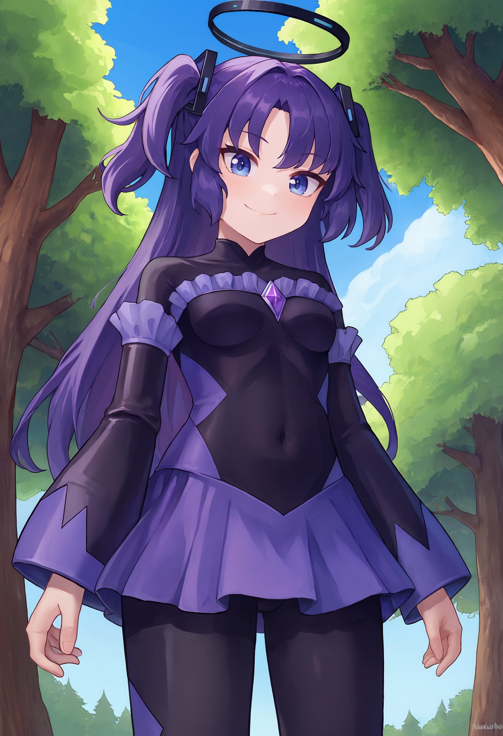 zPDXL, 1girl, solo, BREAKhayase yuuka, two side up, halo,black badend-bodysuit, purple skirt, purple frills, purple gem,cowboy shot, from below,outdoors, tree, blue sky,<lora:bad-end-ot14-1701:0.8>  <lora:yuuka-ponyxl-kohya3:0.8>