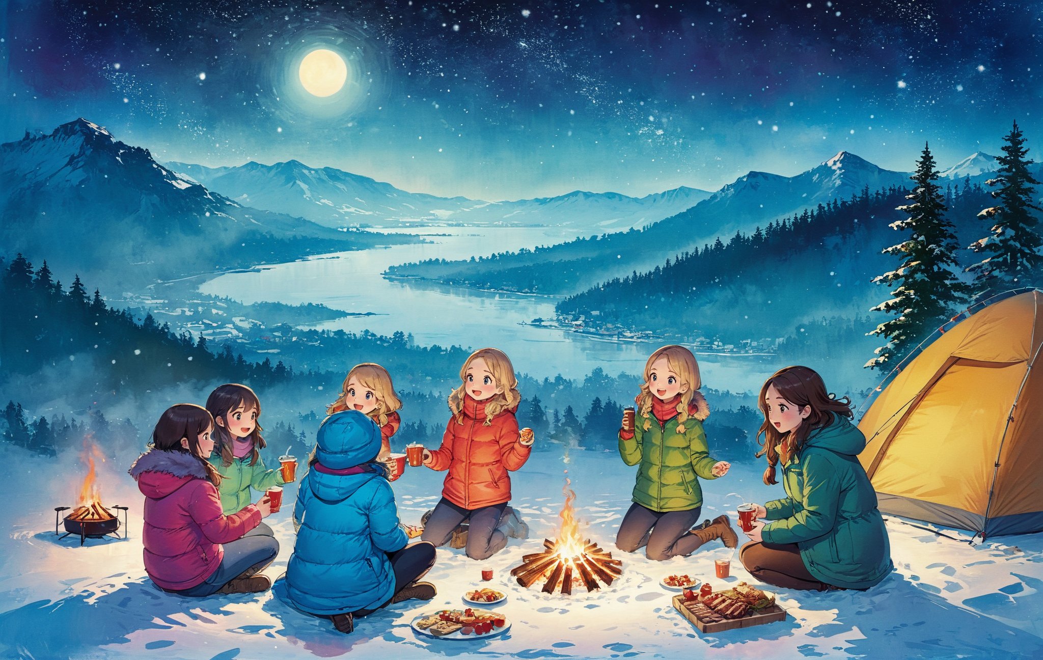 (5 girls watching and playing with each other), whole body (Laurie: 1.2), camping, picnicking, barbecue, barbecue, winter, snow, night, masterpiece, best quality,Illustration 