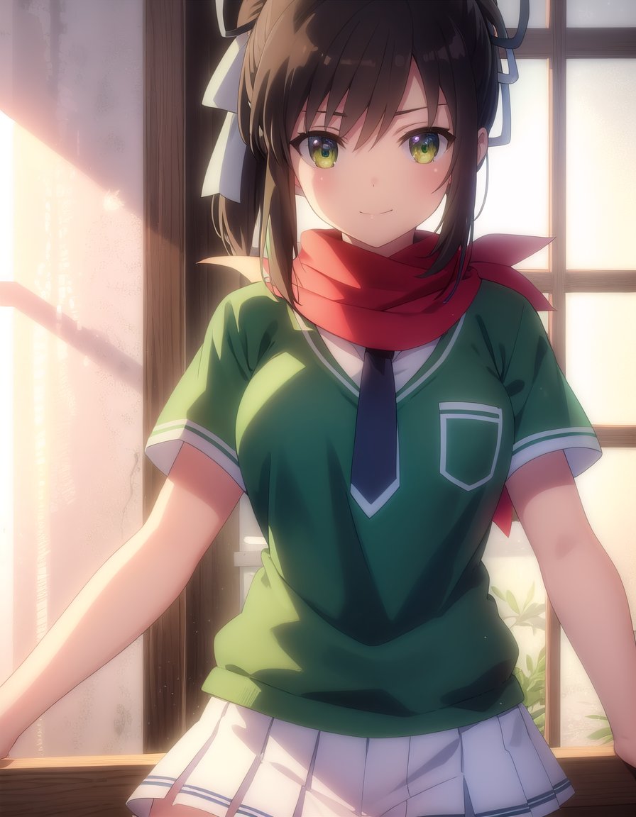 skasuka, <lora:sk asuka s1-lora-nochekaiser:1>,asuka, brown hair, (green eyes:1.3), ribbon, hair ribbon, ponytail, smile,BREAK skirt, school uniform, necktie, scarf, short sleeves,BREAK indoors, classroom,BREAK looking at viewer, (cowboy shot:1.5),BREAK <lyco:GoodHands-beta2:1>, (masterpiece:1.2), best quality, high resolution, unity 8k wallpaper, (illustration:0.8), (beautiful detailed eyes:1.6), extremely detailed face, perfect lighting, extremely detailed CG, (perfect hands, perfect anatomy),