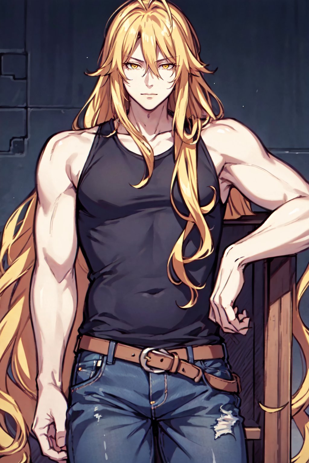 (masterpiece, best quality, highres, ultra-detailed),(beautiful and aesthetic:1.2), 1man, adult male, male focus, mature, blonde hair, very long hair, antenna hair, yellow eyes, tank top,jeans,  <lora:ReihhardDI:0.6>, 