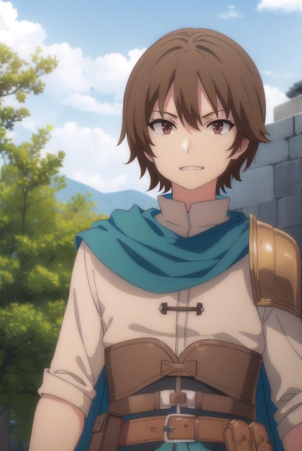 keyaru, <lora:keyaru s1-lora-nochekaiser:1>,keyaru, short hair, (brown eyes:1.5), brown hair, male focus, smile, grin,BREAK cape, armor,BREAK outdoors, forest, nature, grass, trees, sun, sky, clouds,BREAK looking at viewer, (cowboy shot:1.5),BREAK <lyco:GoodHands-beta2:1>, (masterpiece:1.2), best quality, high resolution, unity 8k wallpaper, (illustration:0.8), (beautiful detailed eyes:1.6), extremely detailed face, perfect lighting, extremely detailed CG, (perfect hands, perfect anatomy),