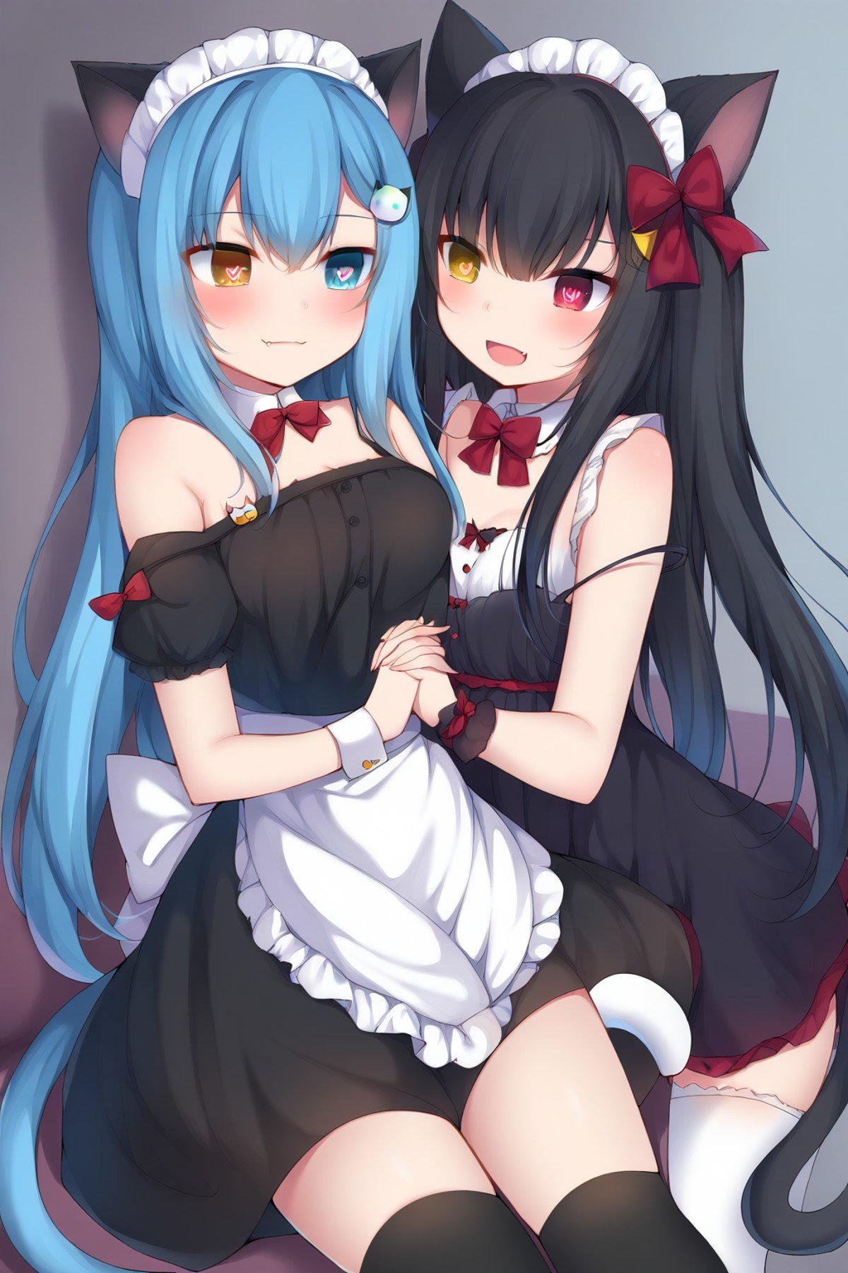 <lora:maoyubian_PONY:1>,multiple girls, 2girls, animal ears, cat ears, blue hair, blue eyes, heterochromia, bow, wrist cuffs, red eyes, long hair, blush, bangs, red bow, striped, black hair, closed mouth, cat girl, hair ornament, thighhighs, yellow eyes, fang, symbol-shaped pupils, bare shoulders, hair bow, hair between eyes, smile, breasts, heart-shaped pupils, off shoulder, black dress, small breasts, heart, maid headdress, hairclip, black bow, frills, dress, holding hands, cat tail, bra, very long hair, tail, open mouth, fang out, parted lips, yuri, short sleeves, detached collar, maid, strap slip