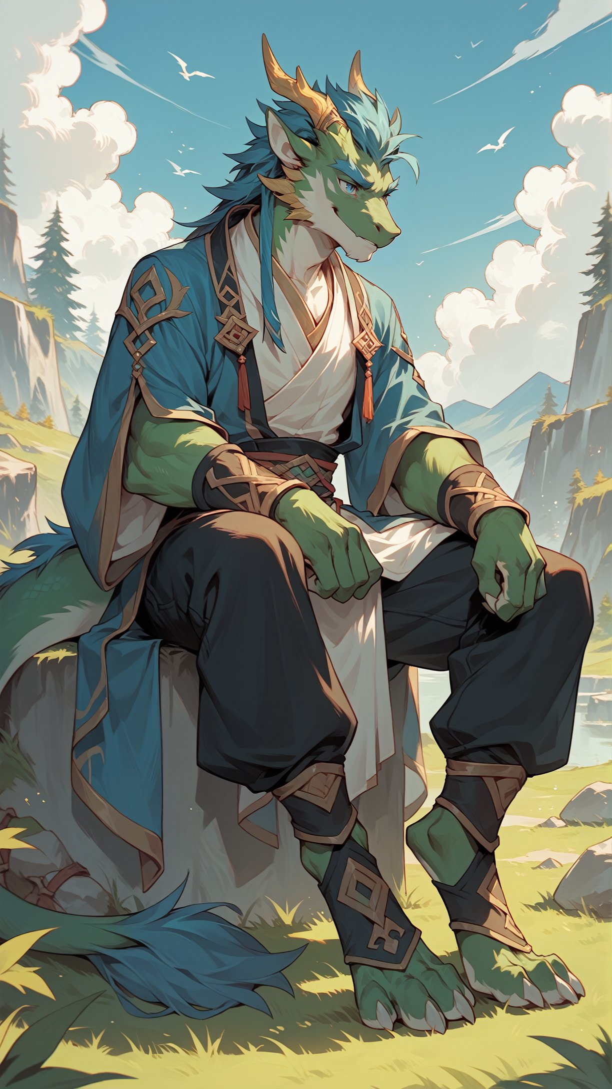 score_9,score_8_up,score_7_up,score_6_up,score_5_up,score_4_up,source_furry,han fu,male,green body,Blue tip,golden horn,Blue hair,smile,dragon,golden eyebrows,sitting,blue eyes,standing,outdoors,sky,grass,tuft,digitigrade,tail_ring,green fur,digital media (artwork),Black pants,<lora:Hanfu_XL_Pony_4-000013:0.8>,