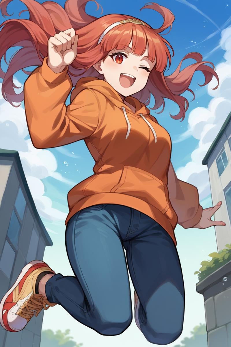 score_9, score_8_up, score_7_up, score_6_up, source_anime, BREAK 1girl, solo, <lora:fecelica-pdxl-nvwls-v1-000005:1> defCeli, red hair, red eyes, hairband, orange hoodie, blue jeans, sneakers, jumping, midair, from below, wink, blue sky