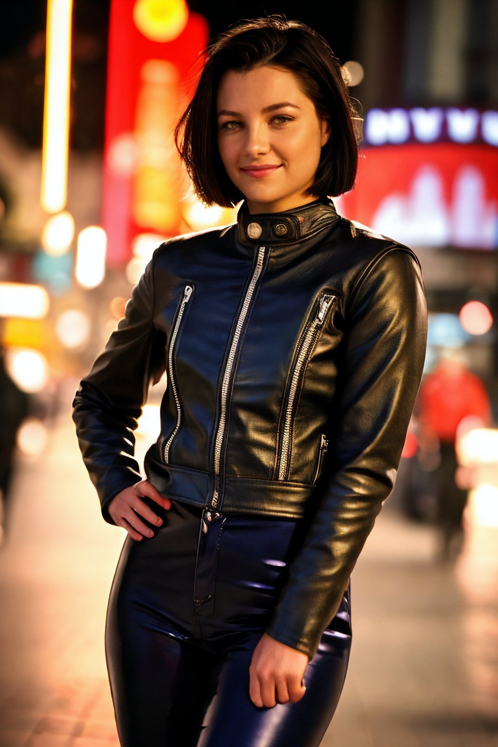 <lora:Belladonna_PS_Lora:0.85>, photo of b3ll4d0nn4, 1girl, smile, (cowboy shot:1.2), hand on hip, posing, very short hair, vintage photo, leather jacket, leather pants, Century Camera Co. Studio, 160mm f/8, 1/10s, ISO 25, film grain, on Broadway street, night, happy, epiCRealism, epiCPhoto 