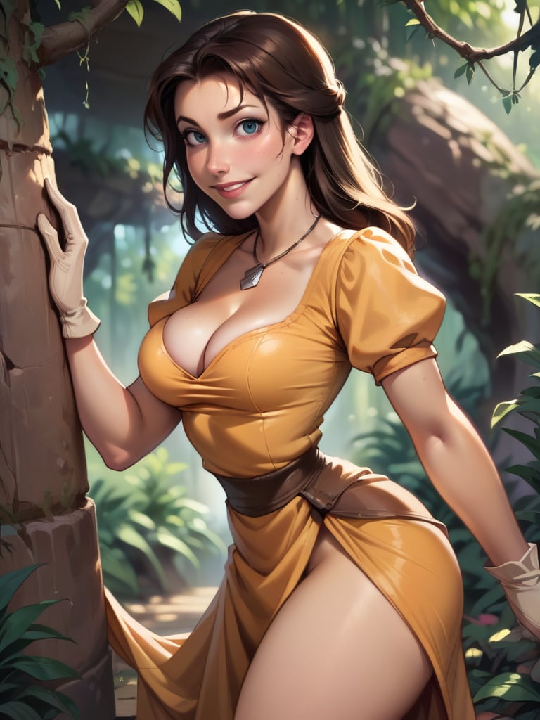 score_9, score_8_up, score_7_up, score_6_up, JanePorterXLP in a the jungle, puffy sleeves, yellow dress, white gloves, cleavage, curvy, medium breasts, narrow waist, wide hips, thick thighs, looking at viewer, dynamic angle, cowboy shot, cartoon, dynamic pose, from side, light smile, vegetation, leaning forward, realistic, skirt lift,  <lora:JanePorterXLP_Character:0.8> <lora:Realistic_2.5DAnime_Merge1:0.7>