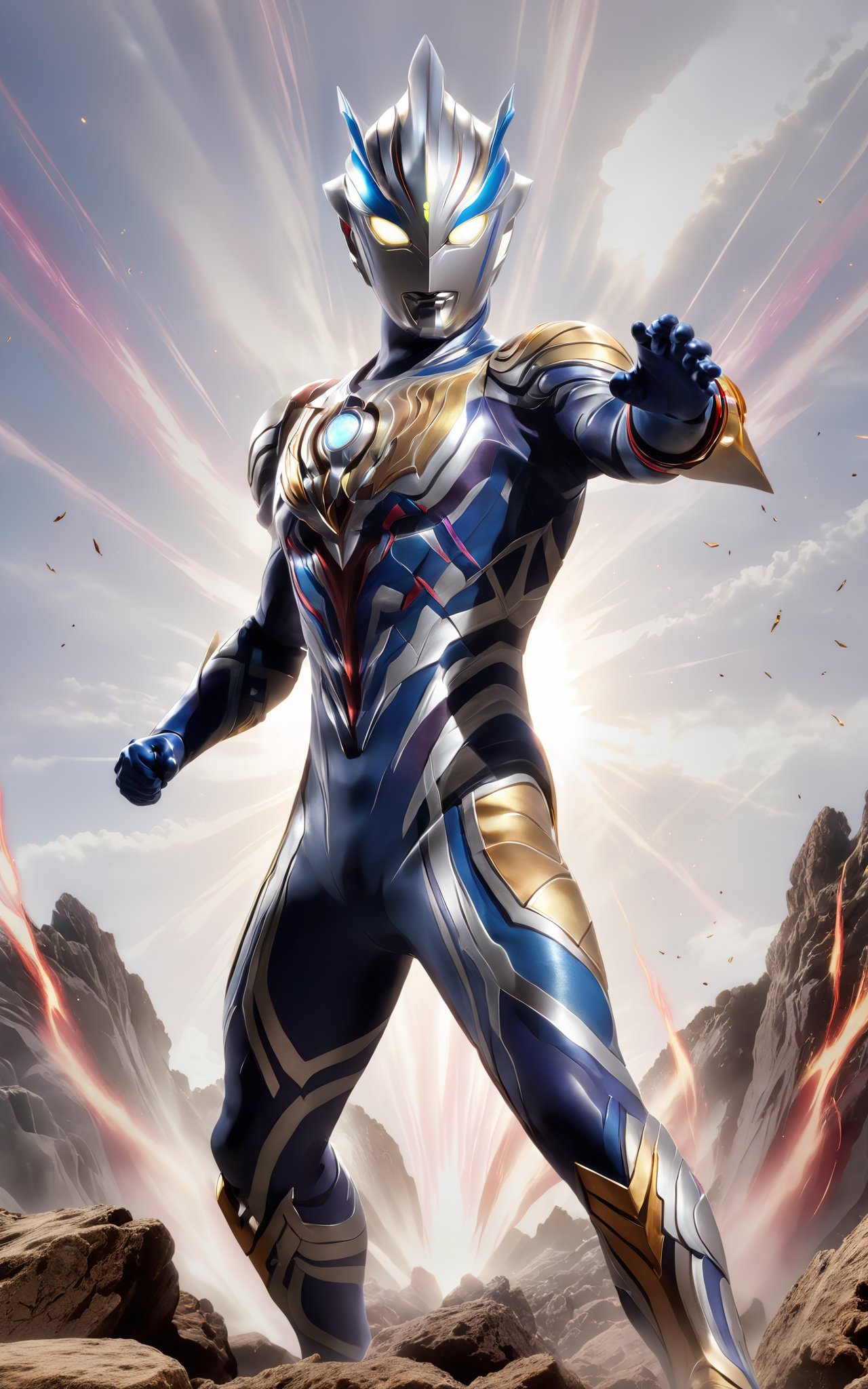 Ultraman, Cosmic Guardian, Light Bringer, Silver Stature, Bright Eyes, Superpowers, Light Beam Attack, Transforming Warrior, Evil Forces, Combative Challenges, Righteous Conviction, Unyielding Spirit.