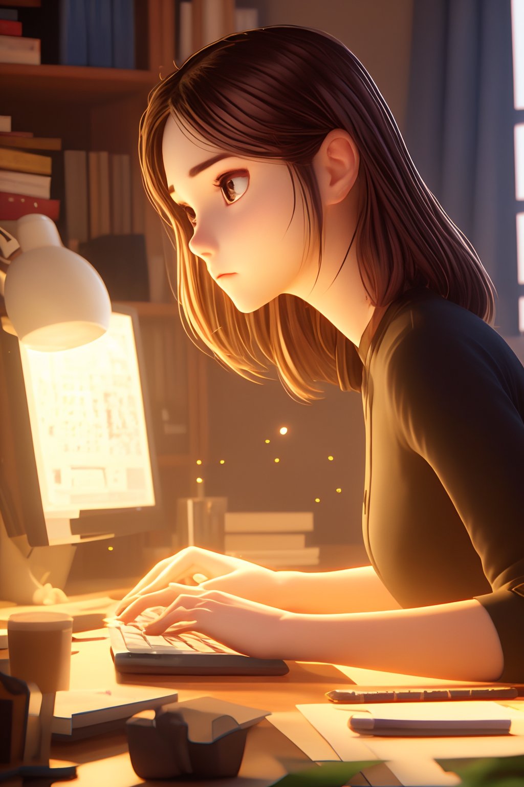 1girl,indoors,book,lamp,brown hair,solo,pen,brown eyes,pencil,long hair,light particles,desk lamp,sitting,closed mouth,blurry,shirt,bookshelf,holding,writing,desk,black shirt,lips,GZNH 