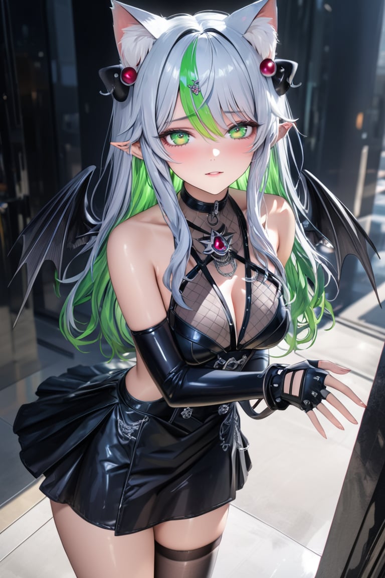 (Masterpiece), mature, HDR,UHD,8K, best quality, Highly detailed, physically-based rendering, extreme detail description, perfect skin, shiny skin, shiny hair,perfect face, 1girl, fr1, black dress, multicolored_hair, green hair, blue hair, white hair, streaked hair, gradient hair, thighhighs, asymmetrical_legwear, one thighhigh, gloves, fingerless gloves, pointy ears, wings, jewelry, hair ornaments, Froot, skirt, ((cat ears)), animal ears, cute, shy<lora:EMS-335737-EMS:0.100000>, <lora:EMS-388761-EMS:0.100000>, <lora:EMS-408216-EMS:0.800000>