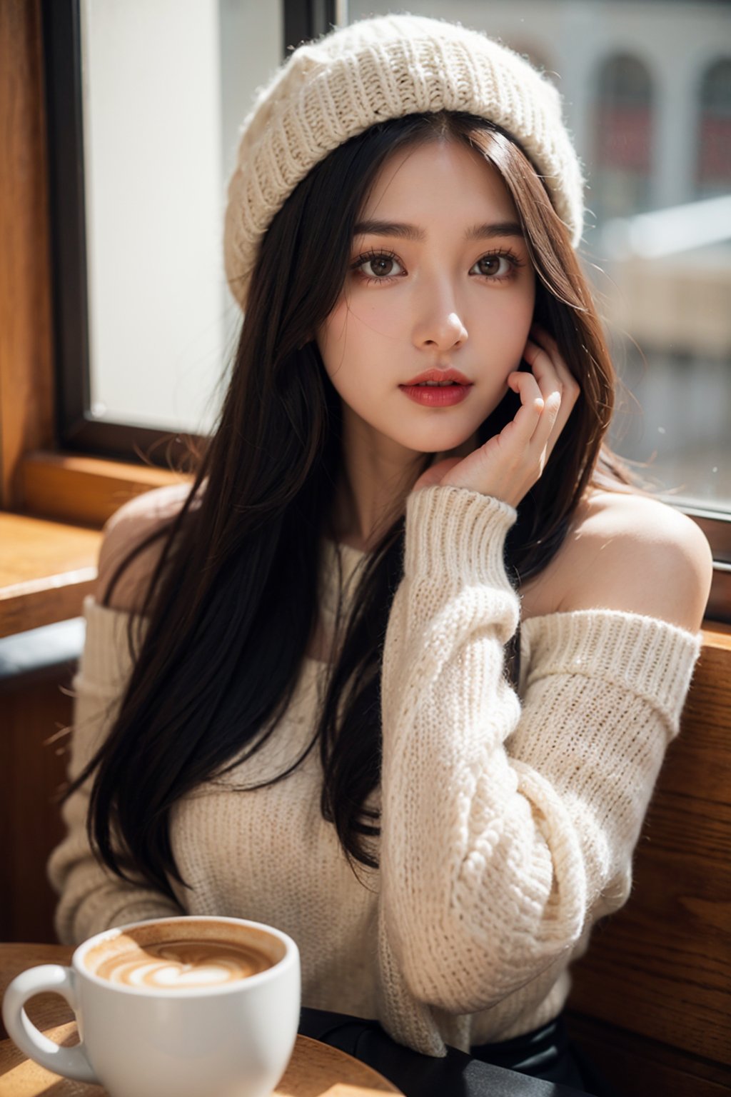 1 girl,solo,fine art photography,close up, black hair,Sitting at a table in a coffee shop,(Looking out of the window:1.2), A beige sweater, realistic,Long straight hair,A hat made of wool,indoor,bare shoulders,red lips,coffee cup, coffee,Volume lighting,Light and dark light