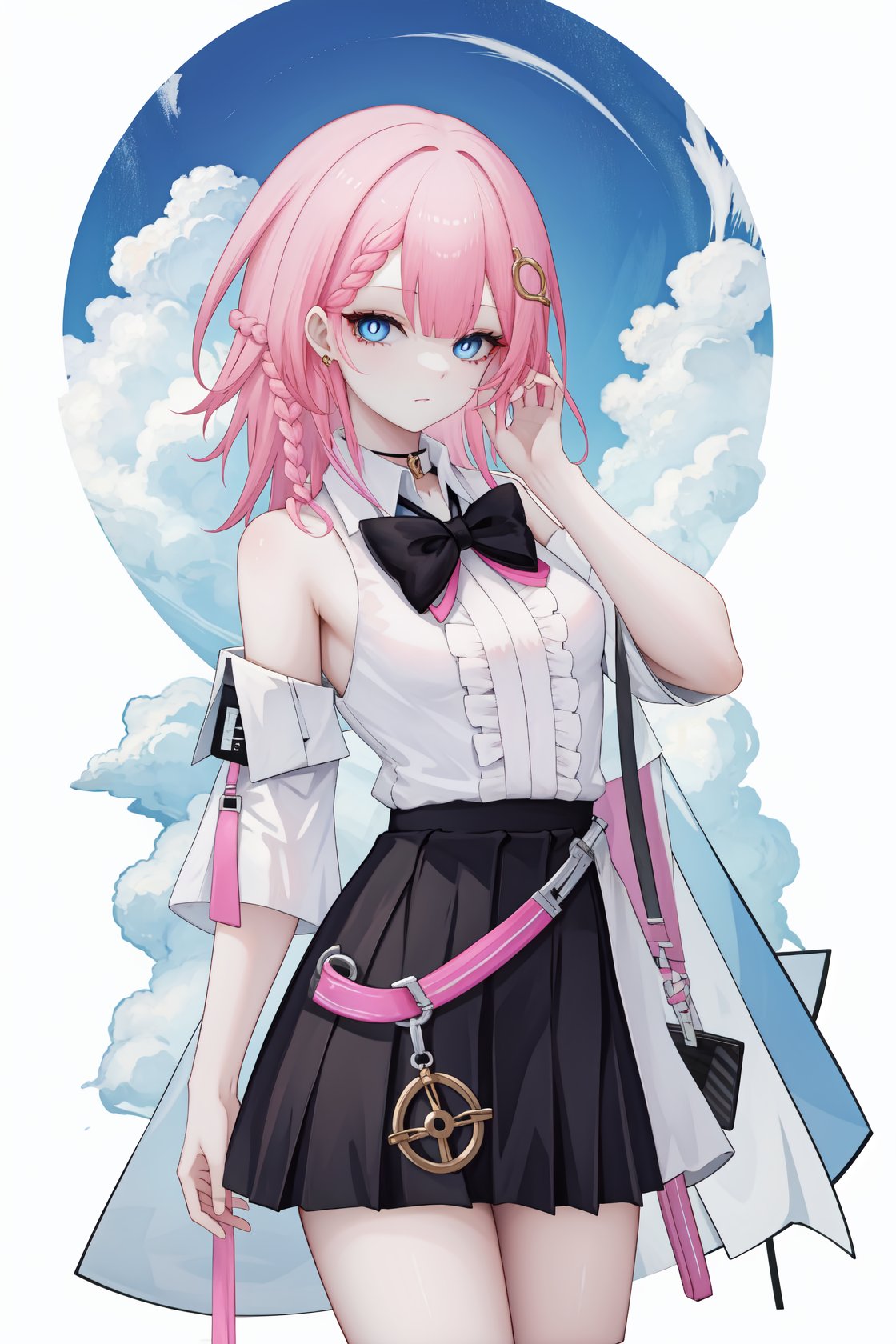 <lora:艾丝妲-000010:0.8:lbw=char>,asta,blue eyes,braid,bangs,hair ornament,pink hair,shirt,bow,skirt,white shirt,sleeveless,black skirt,black bow,bowtie,, 1girl,,  (masterpiece,best quality:1.2),absurdres