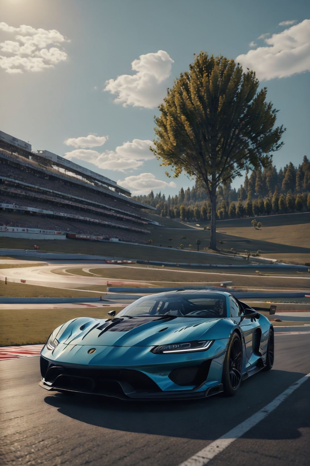 ultra realistic 8k cg,picture-perfect face,flawless,clean,masterpiece,professional artwork,famous artwork,cinematic lighting,cinematic bloom,sports car,outdoors,sky,cloud,tree,no humans,shadow,ground vehicle,scenery,motor vehicle,car,road,vehicle focus,sports car,