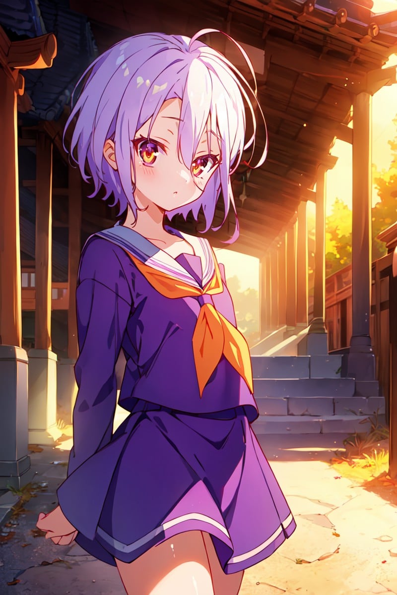 masterpiece, best quality, ultra-detailed, glistening shiny, glowing light, ray tracing, HDR, deph of field, (perfect face, detailed face), <lora:NgnlShiro:0.6>,  1girl, solo, ngnlshiro,  short hair , flat chest, serafuku, purple shirt, purple skirt, cowboy shot, shrine