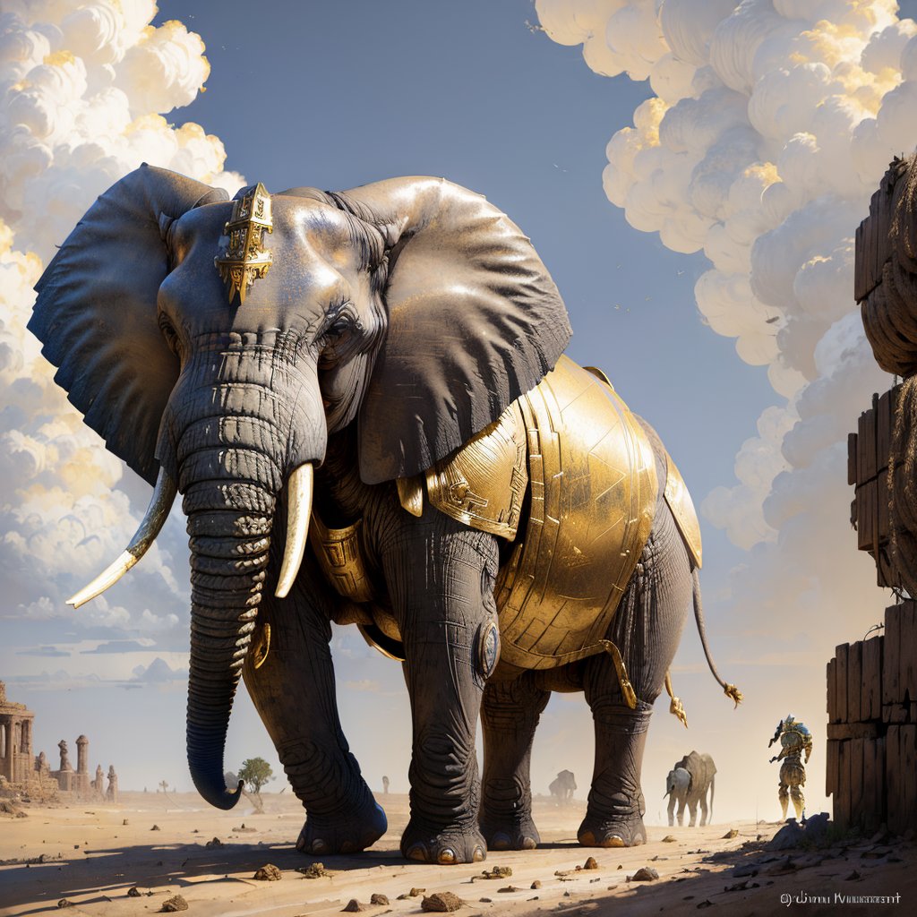 fantasy art,  (armored elephant:1.2), (gold heavy animal armor:1.1). dramatic, painting by john howe, ancient greece, yellow red scheme, lethal preservation, pompeian, by Russell Chatham, <lora:EdobElephant_v1.0:0.6>