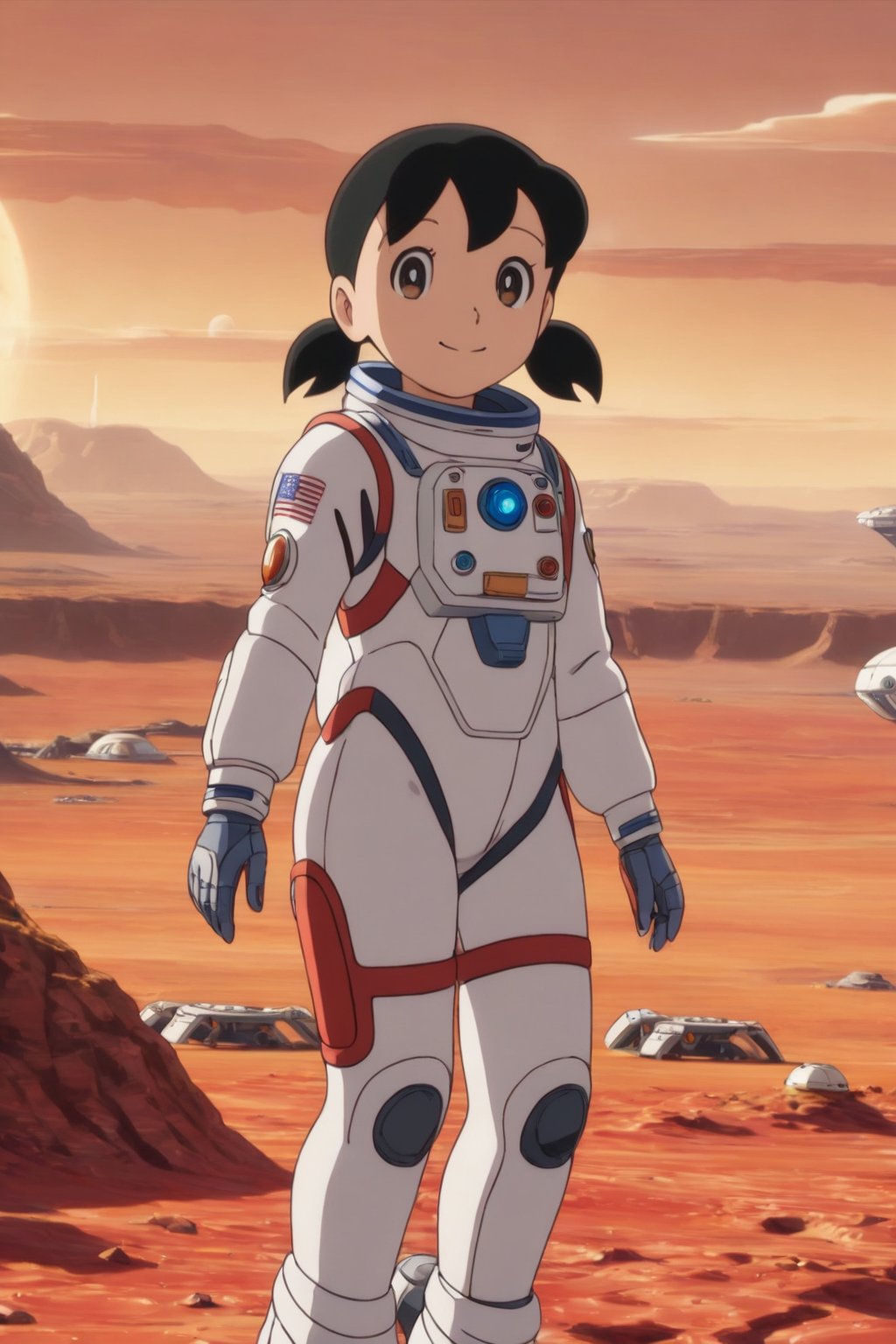 minamoto shizuka,cowboy shot, 1girl, solo, smile, Girl in a spacesuit stepping onto the surface of Mars, Earth visible in the distance, vast red landscape, futuristic colony in the background, sense of wonder and exploration, epic sci-fi scene, hyper-realistic detail, child,masterpiece, perfect face, best quality, beautiful eyes, shiny eyes, anime coloring, anime screencap, absurdres, award winning,<lora:minamoto shizuka aam 905:0.8>