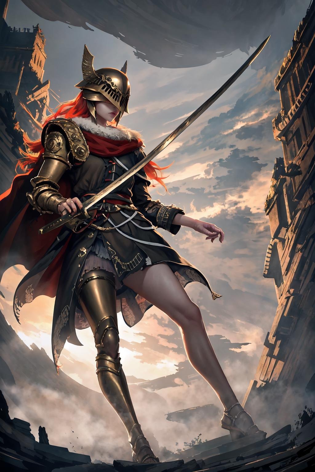 High Quality, Masterpiece, 1girl, solo, KatanaOneHand, holding, <lora:KatanaOneHandV5:1>, blade across body, blade up, blade right hand, prothestic leg, single mechanical arm, prosthesis, MaleniaDef, armor, cape, helmet, brown dress, <lora:Char_EldenRing_Malenia:1>