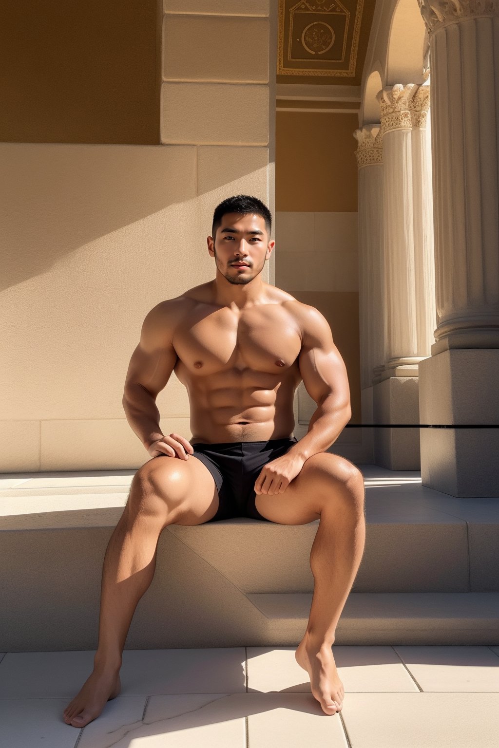 1guy,Asian,solo,(front view:1.2),muscle,bodybuilder,full body,sitting on throne,muscular,topless male,greek,emperor,palace,barefoot,looking at viewer,<lora:man_face_04_v1.0:1>,, masterpiece,best quality,