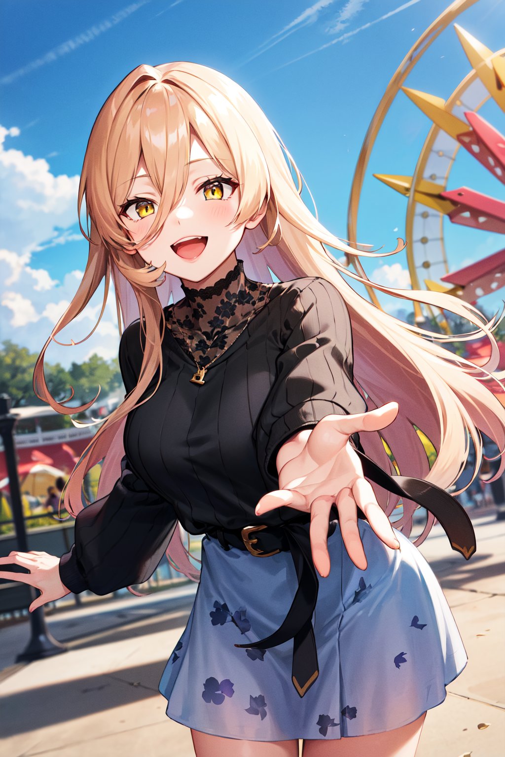 masterpiece, best quality, highres, bbnui, long hair, blonde hair, hair between eyes, yellow eyes, necklace, (black sweater:1.2), long sleeves, black belt, blue skirt, print skirt, <lora:nui_sociere_v1:0.7>, reaching out, smile, open mouth, amusement park, standing,