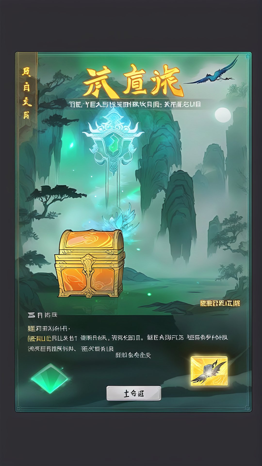 Ink game Floating crystal diamond frame, Xianjie treasure hunt activity interface background is ink style Xianshan cave, surrounded by mist, cranes and spirit beasts dance in the process, creating a mysterious fairyland atmosphere. At the top of the interface is an ethereal banner that reads "Treasure Hunt in the celestial realm," in a flowing cursive font with a faint immortal effect. The central area displays the quests and rewards of the celestial treasure hunt, each presented in the form of an irregular jade shaped card with an inky preview of the progress of the quest and the rewards. Below is a "Participate in Treasure Hunt" activity button, designed in the style of an ancient treasure chest, click to start participating in the activity<lora:sdxl_21shuimojiemian:0.8>,